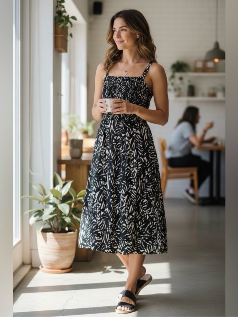 Black and cream Printed Sundress with Smocked Bodice